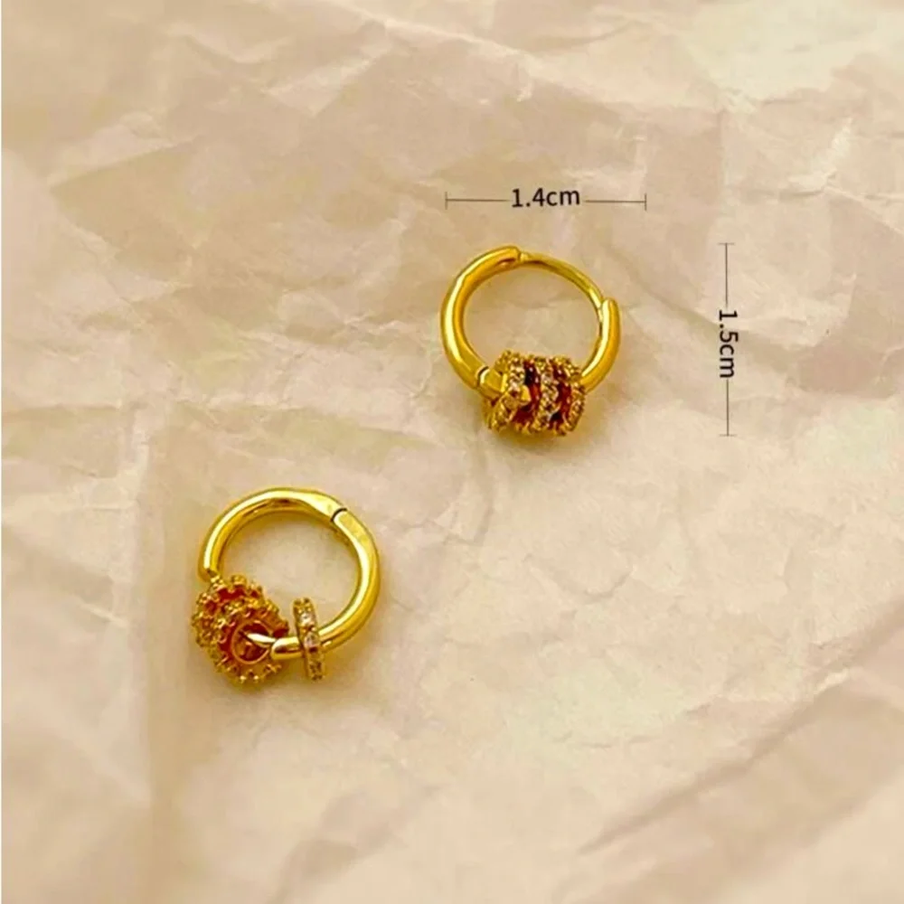 Ultra Delicate Tiny Gold & Rhinestone Detail Huggie Hoops - Picture 4 of 6
